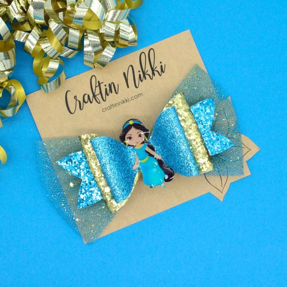Handmade Jasmine Princess Chunky Glitter Hair Bow - Picture 1 of 7